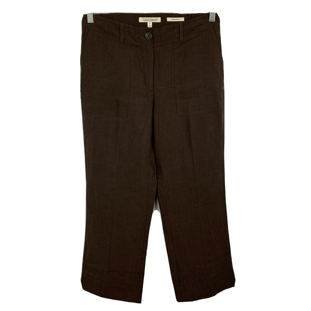 TravelSmith Pants Womens Sz 8 Brown Linen Straight Leg Trousers Dress Pockets